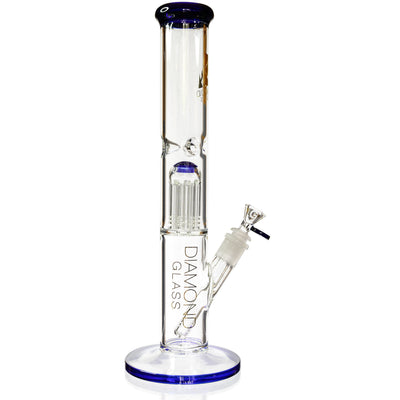 15 inch clear glass straight tube pipe with blue tree percolator and rim details.