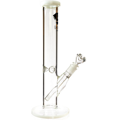 14 inch straight tube water pipe with milky white glass mouth rim and pedestal base accents.
