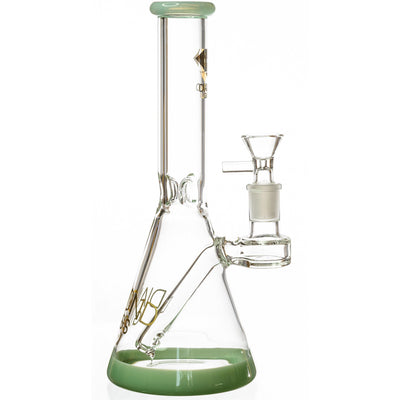 Premium 10 inch clear borosilicate glass pipe with mint green colored accents and a gold logo.