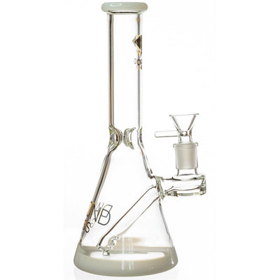 Side angle view of the 10 inch Diamond Glass built in stem water pipe with a frosted white base.