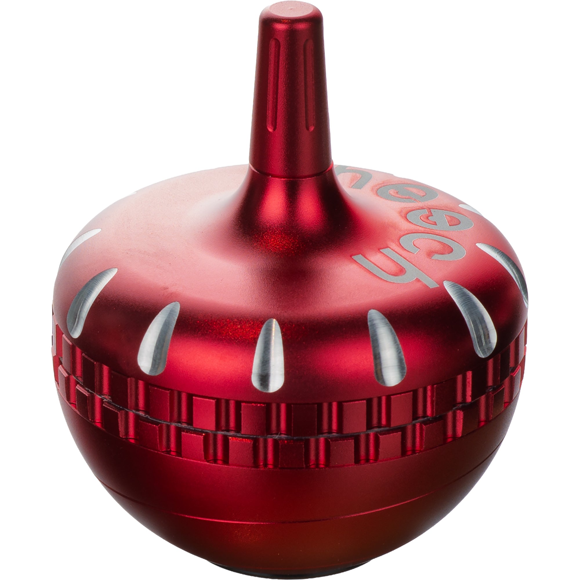 Grinder by Cheech Glass in red, spike top metal grinder with anodized finish