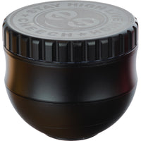 Grinder by Cheech Glass in black, egg-shaped design with Stay High Live High logo on lid