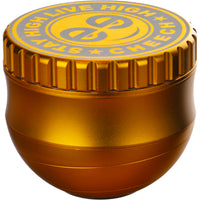 Grinder by Cheech Glass in gold, egg-shaped design with Stay High Live High logo on lid