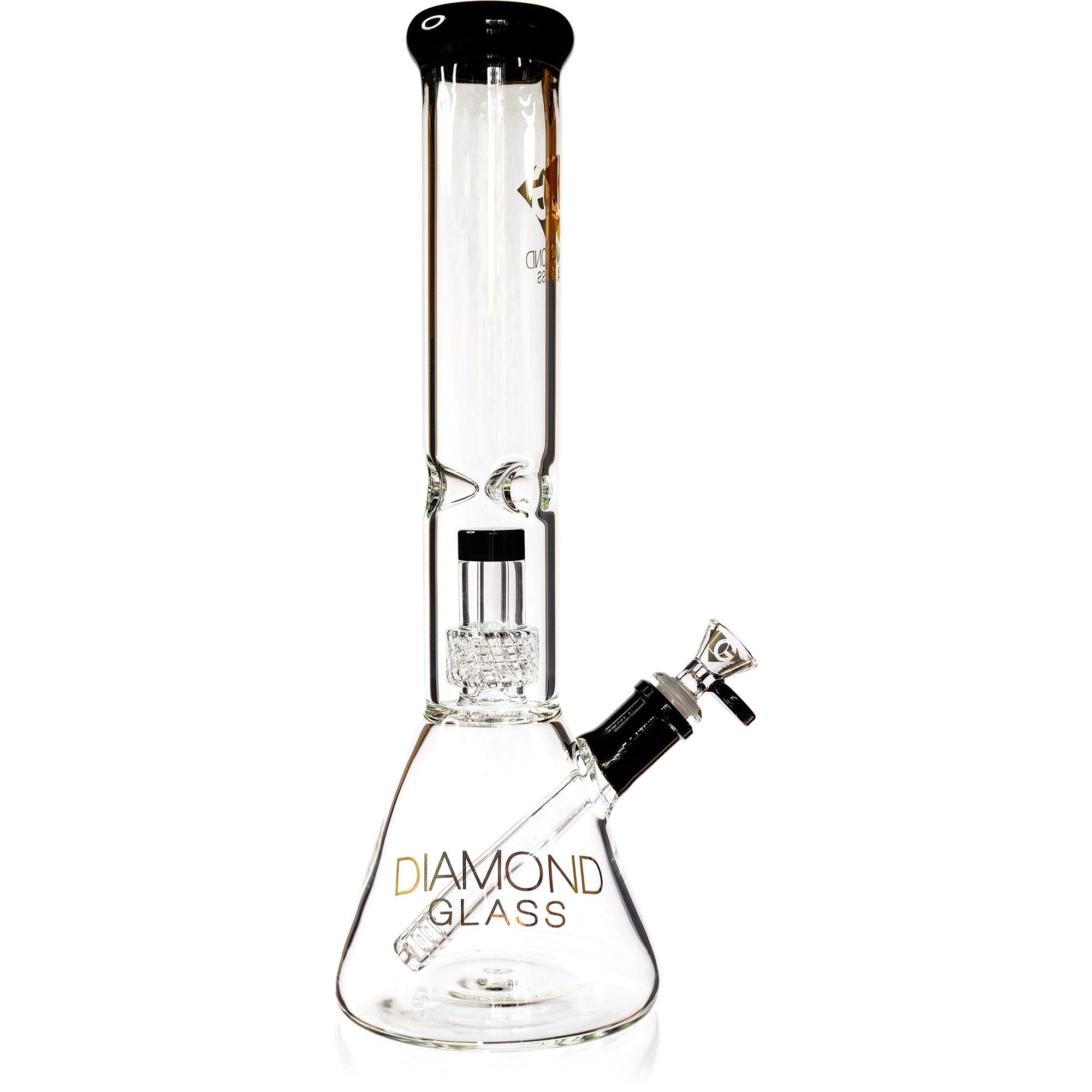 Diamond Glass 14 inch clear glass water pipe with black accents featuring a beaker base and an internal matrix percolator.