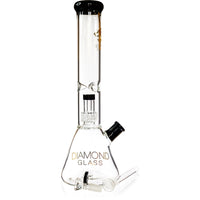 The 14 inch Diamond Glass matrix beaker resting next to its uninstalled 14mm clear glass slide and removable multi slit downstem.