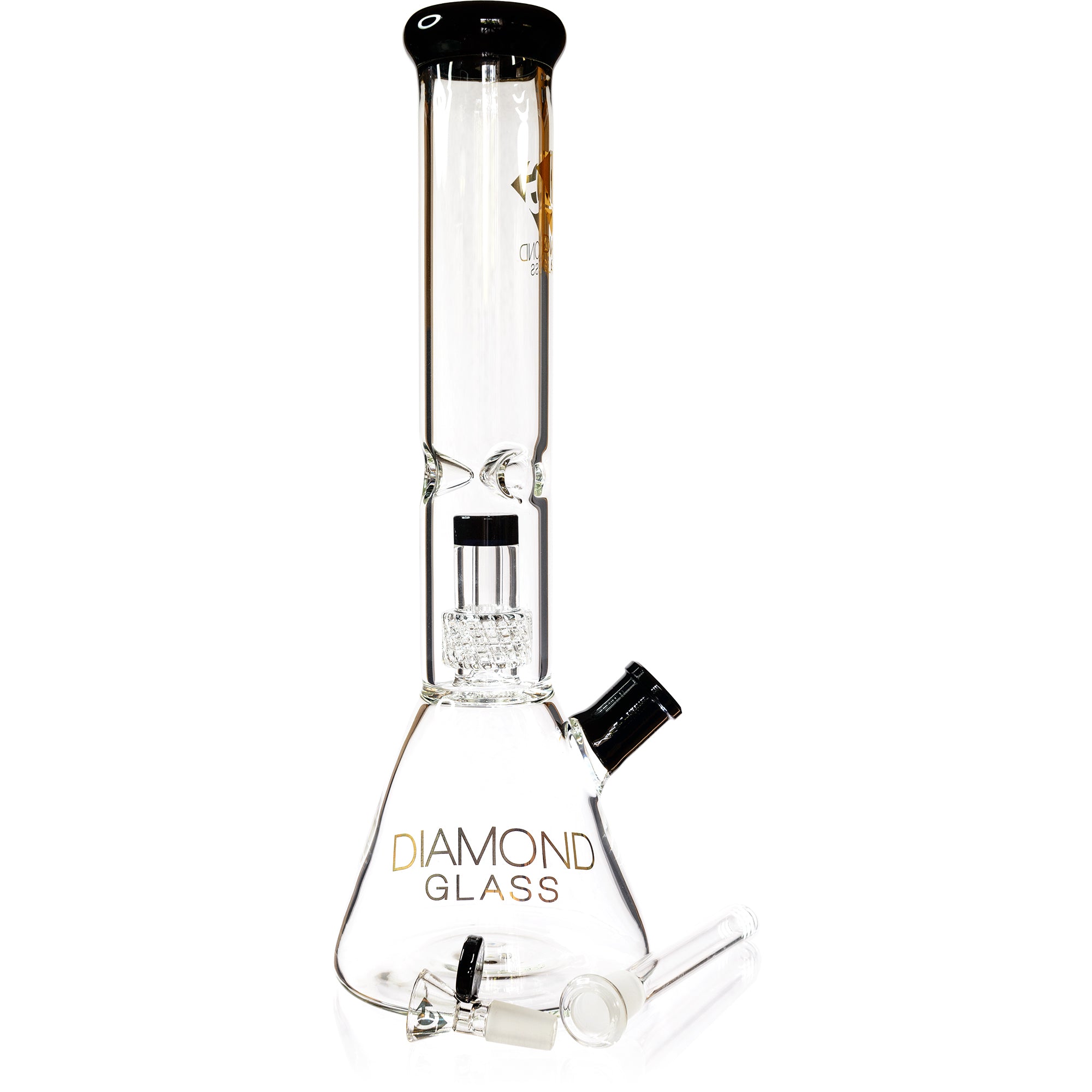 The 14 inch Diamond Glass matrix beaker resting next to its uninstalled 14mm clear glass slide and removable multi slit downstem.