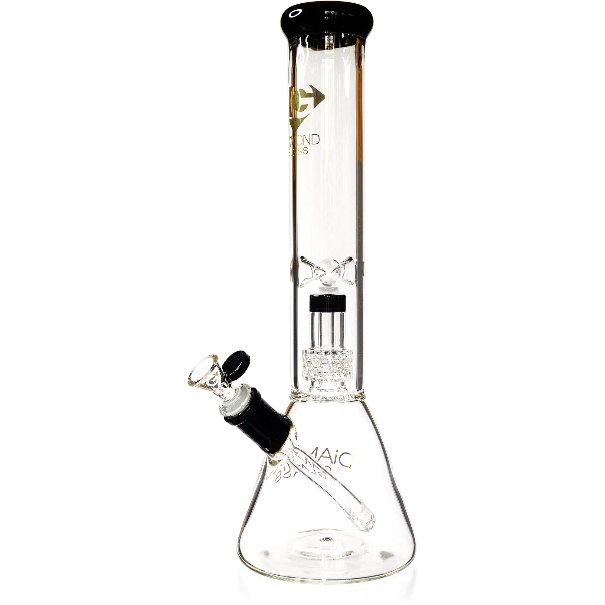 Diamond Glass 14 inch clear glass water pipe with black accents featuring a beaker base and an internal matrix percolator.