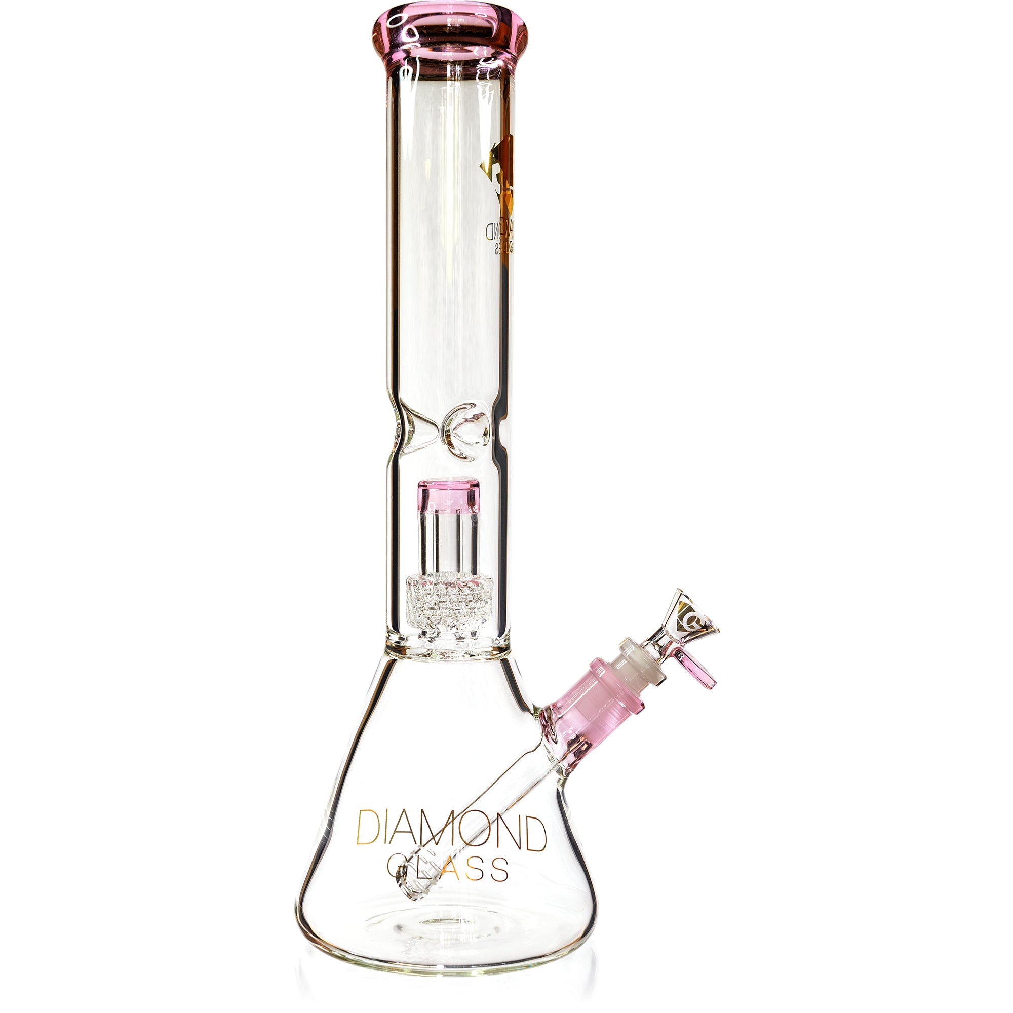 Premium 14 inch clear glass matrix beaker pipe featuring soft pink color accents on the mouthpiece lip and joint.