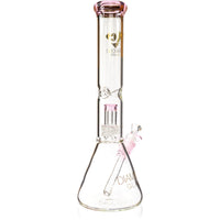Premium 14 inch clear glass matrix beaker pipe featuring soft pink color accents on the mouthpiece lip and joint.