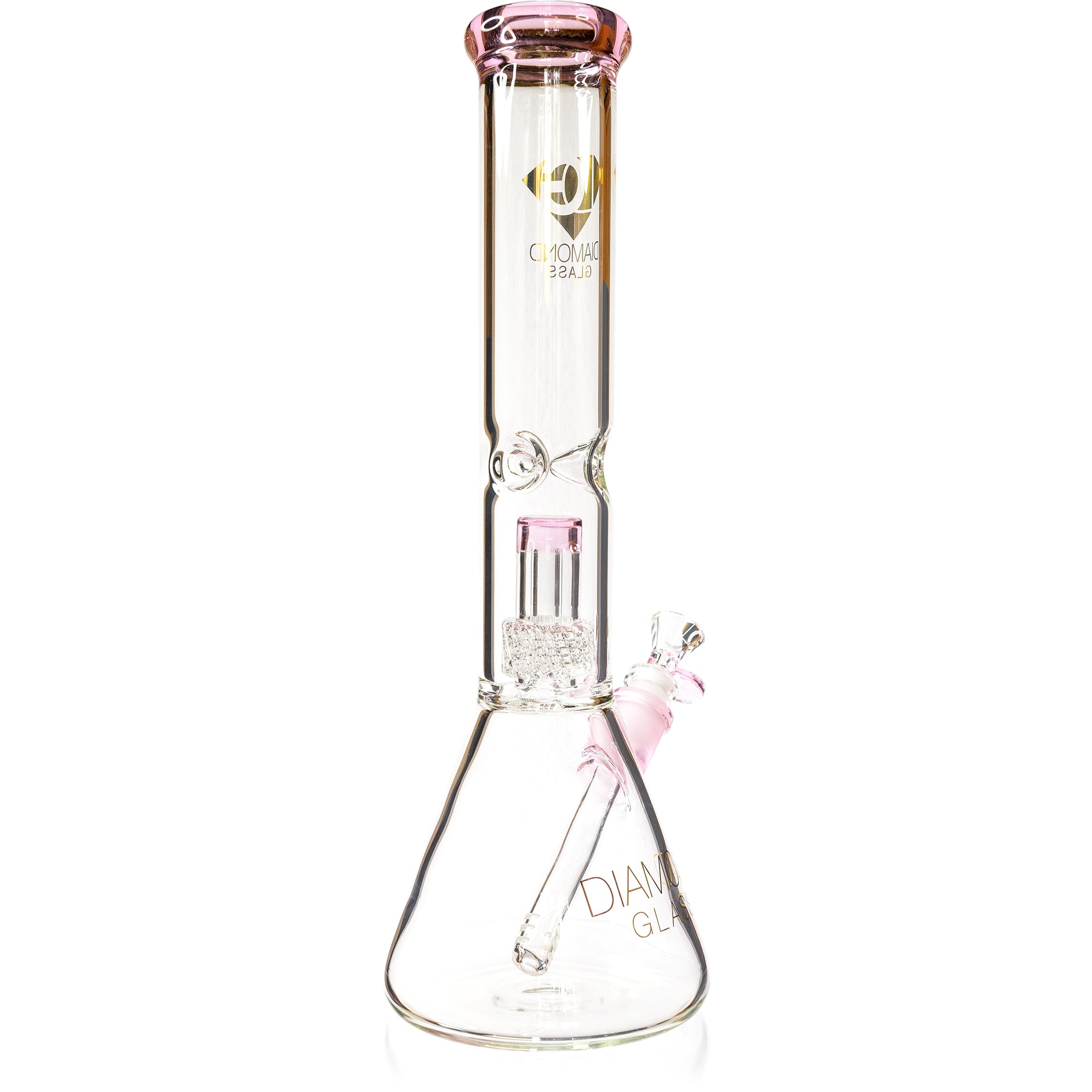 Premium 14 inch clear glass matrix beaker pipe featuring soft pink color accents on the mouthpiece lip and joint.