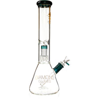 Diamond Glass 14 inch clear glass water pipe with teal accents featuring a beaker base and an internal matrix percolator.