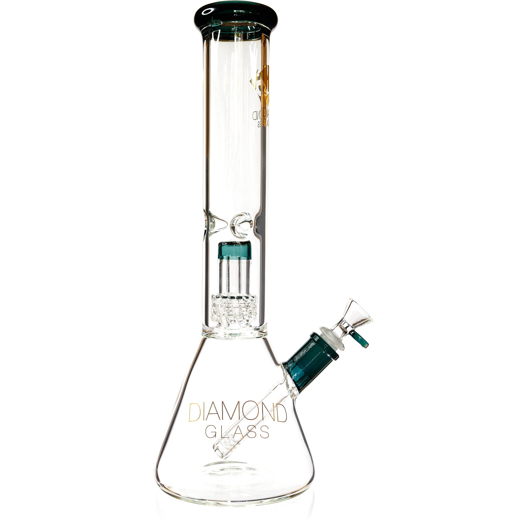 Diamond Glass 14 inch clear glass water pipe with teal accents featuring a beaker base and an internal matrix percolator.