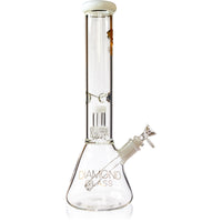 Diamond Glass 14 inch clear glass water pipe with white accents featuring a beaker base and an internal matrix percolator.