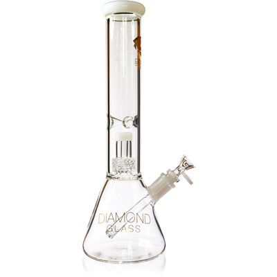 Diamond Glass 14 inch clear glass water pipe with white accents featuring a beaker base and an internal matrix percolator.
