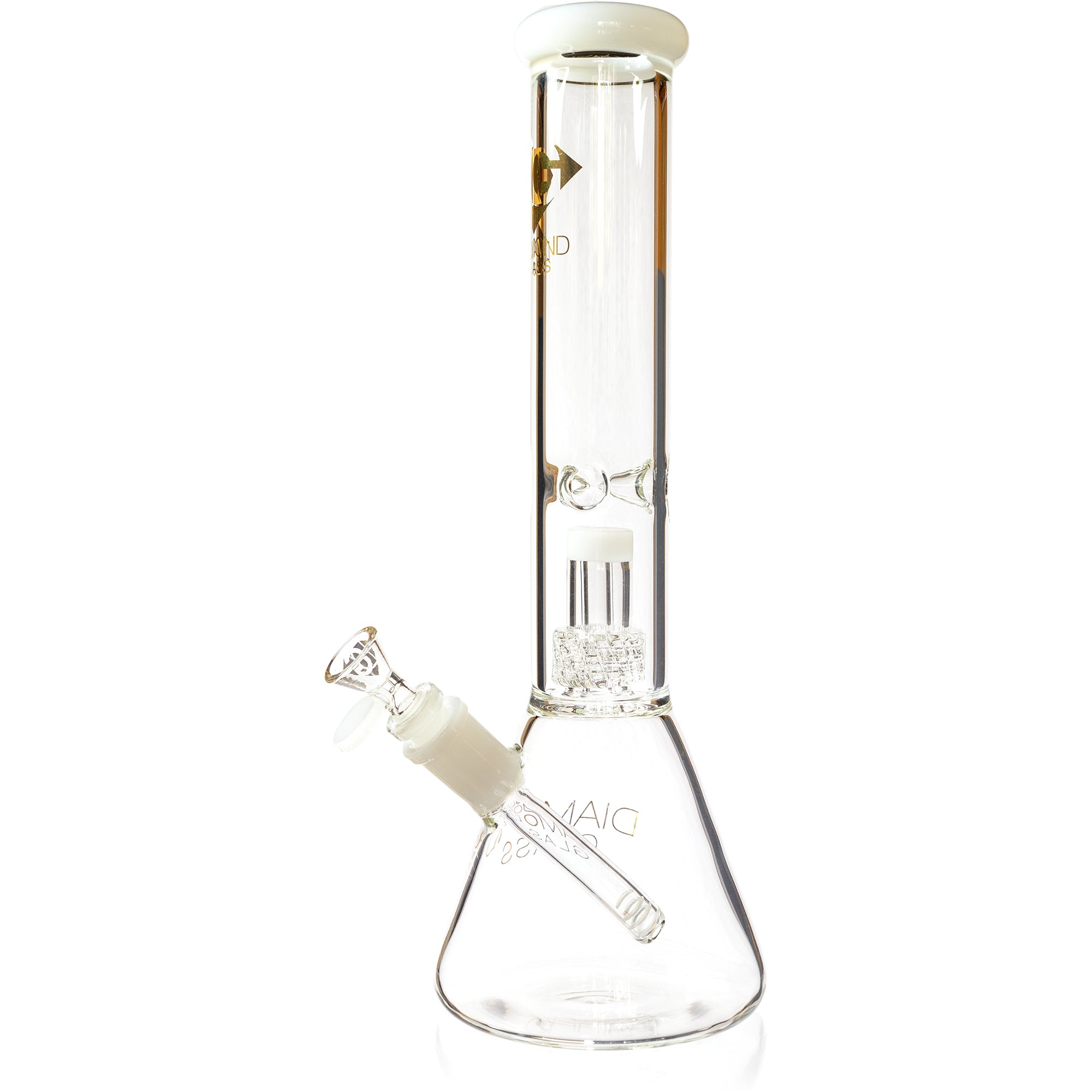 Diamond Glass 14 inch clear glass water pipe with white accents featuring a beaker base and an internal matrix percolator.