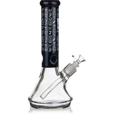 12 inch black 7mm thick glass beaker water pipe featuring Egyptian hieroglyphics design.