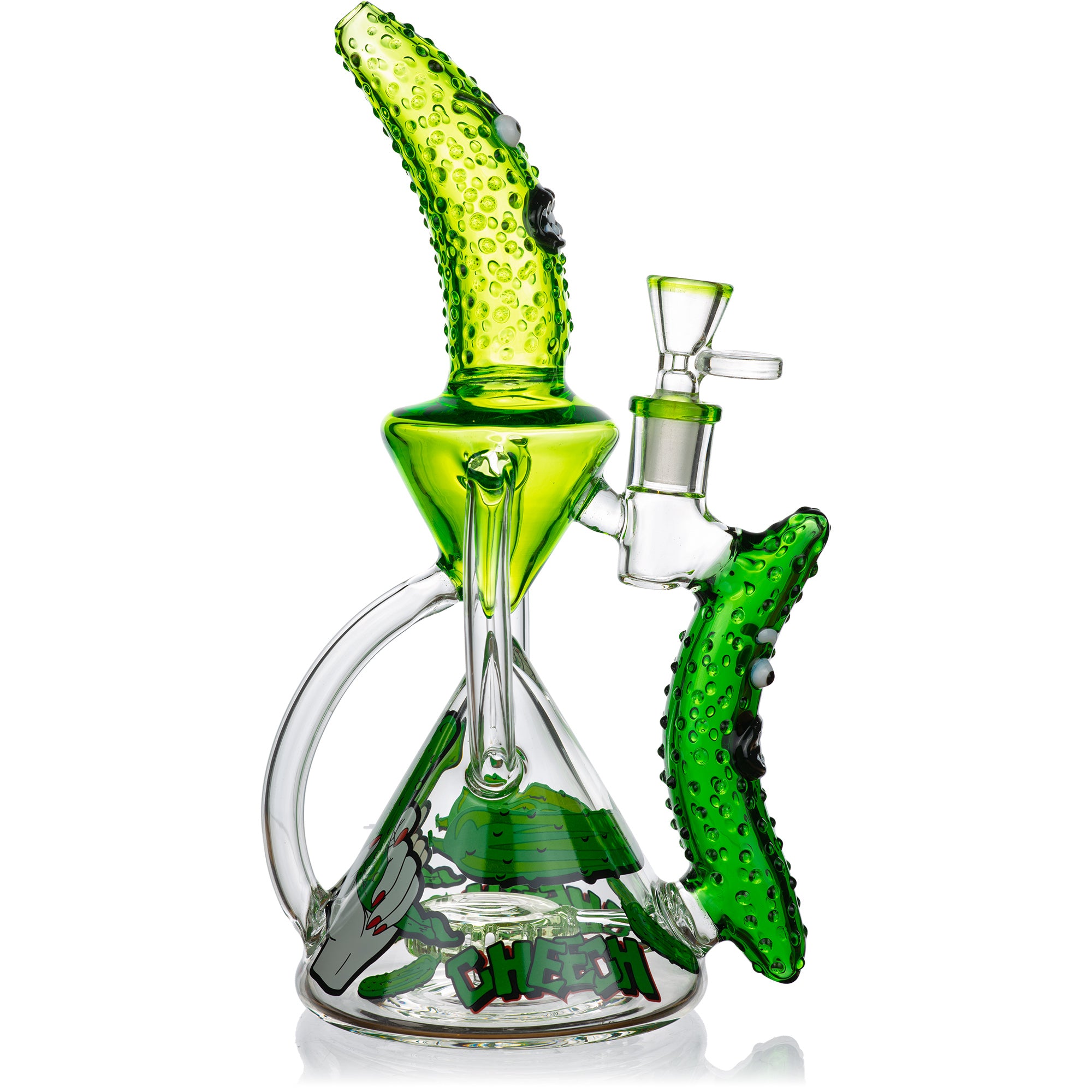 11 inch Pickle Bong by Cheech Glass with sculpted pickle mouthpiece, recycler loop, and Cheech branding on base