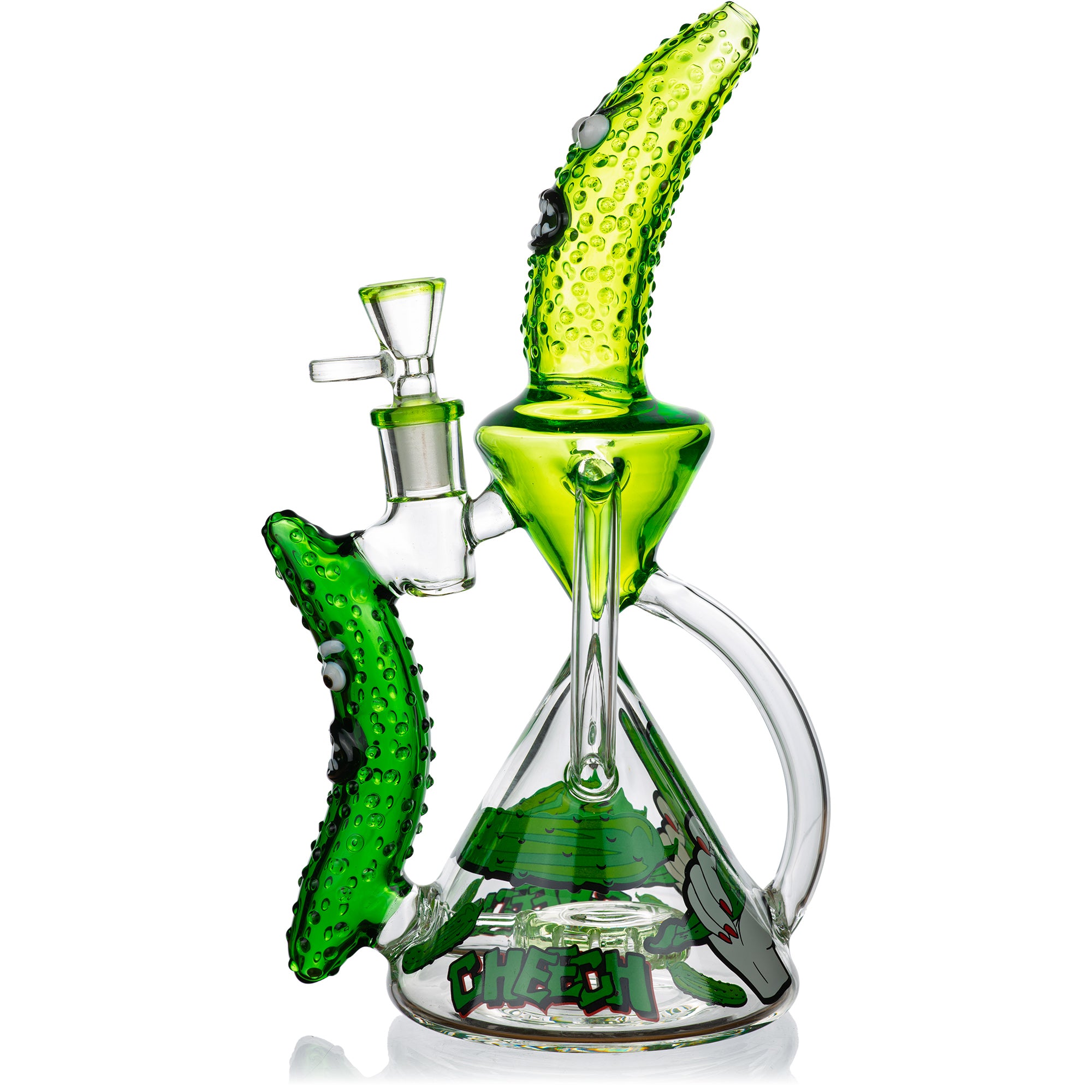 Cheech Glass pickle-shaped recycler bong showing textured green glass body and 14mm bowl