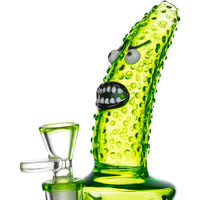 Detailed close-up of sculpted pickle face with googly eyes and teeth on Cheech Glass bong mouthpiece