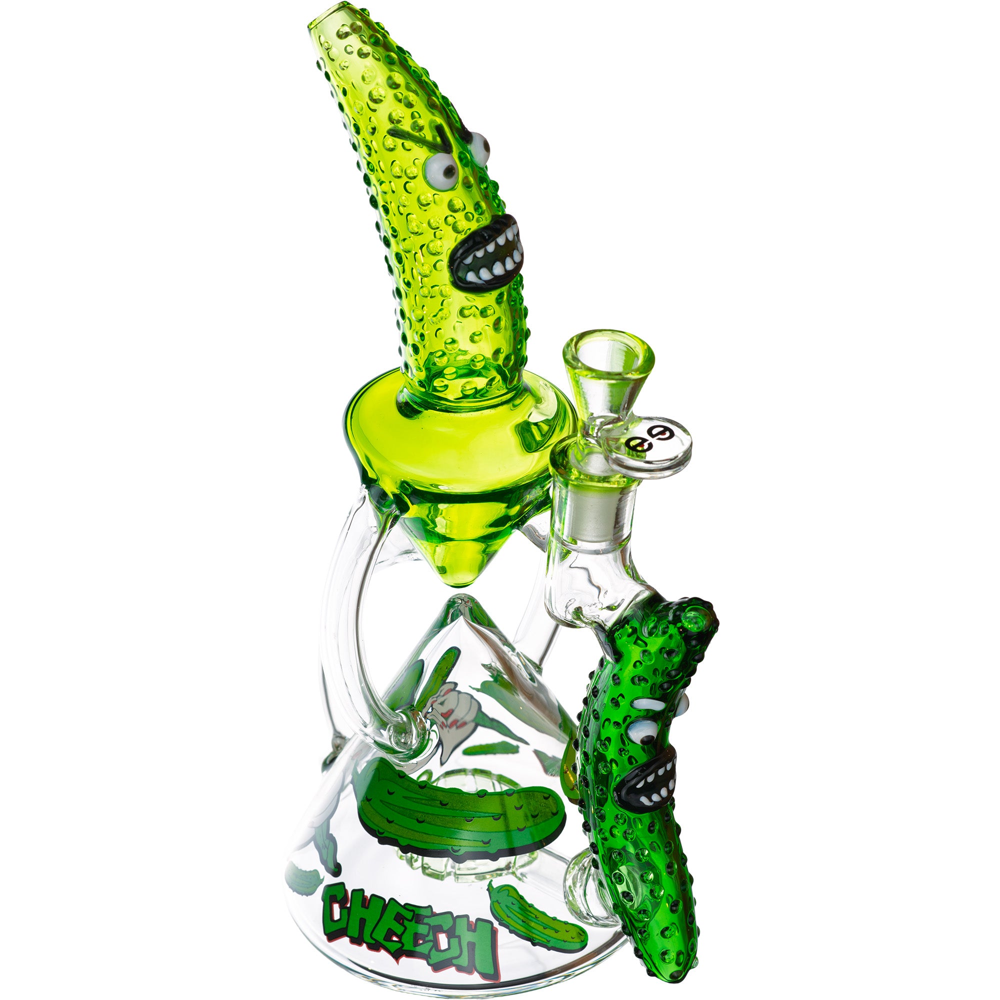 Side view of 11 inch Pickle Bong by Cheech Glass showing dual pickle sculptures and Cheech logo base