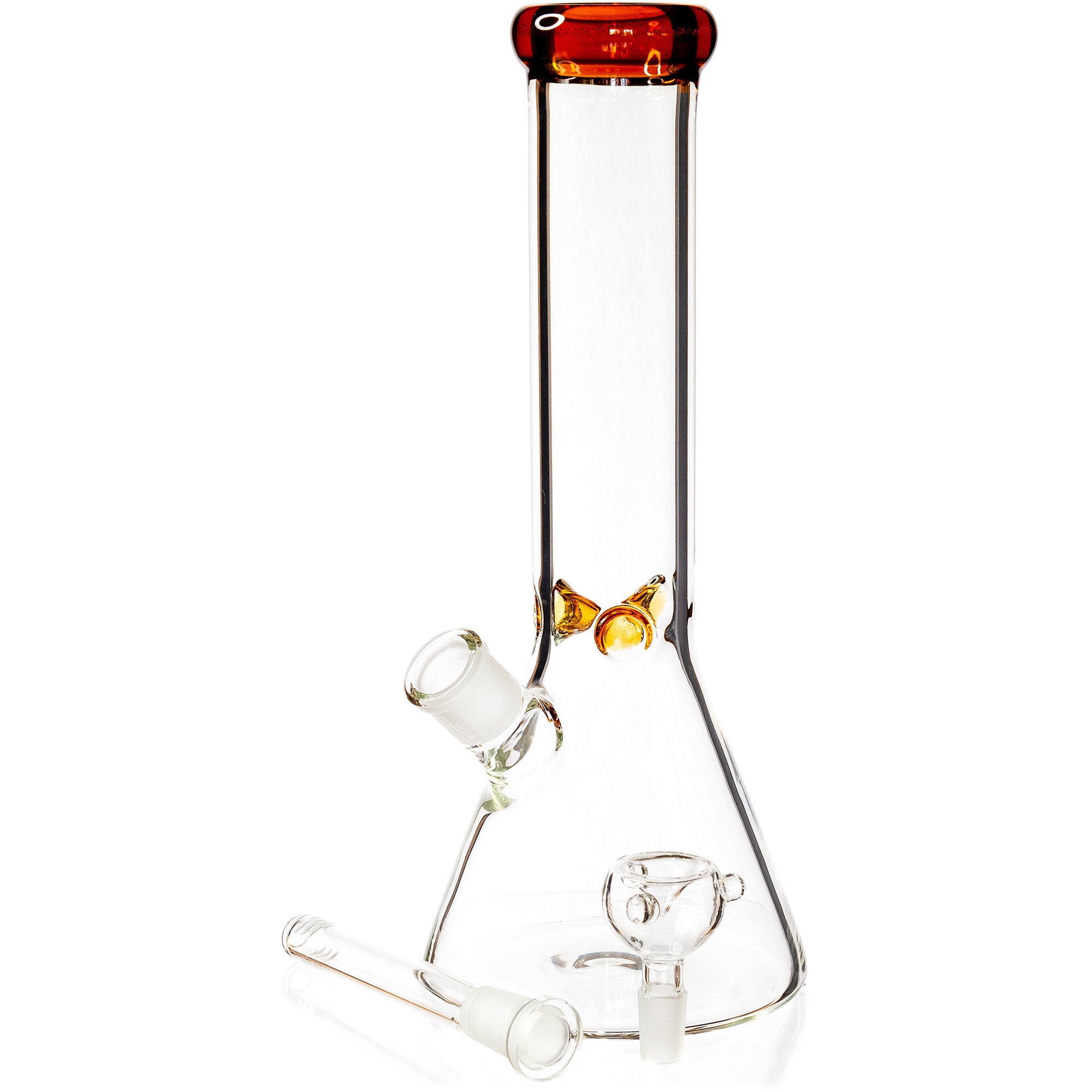 Clear borosilicate glass water pipe by Diamond Glass featuring a polished red lip accent.