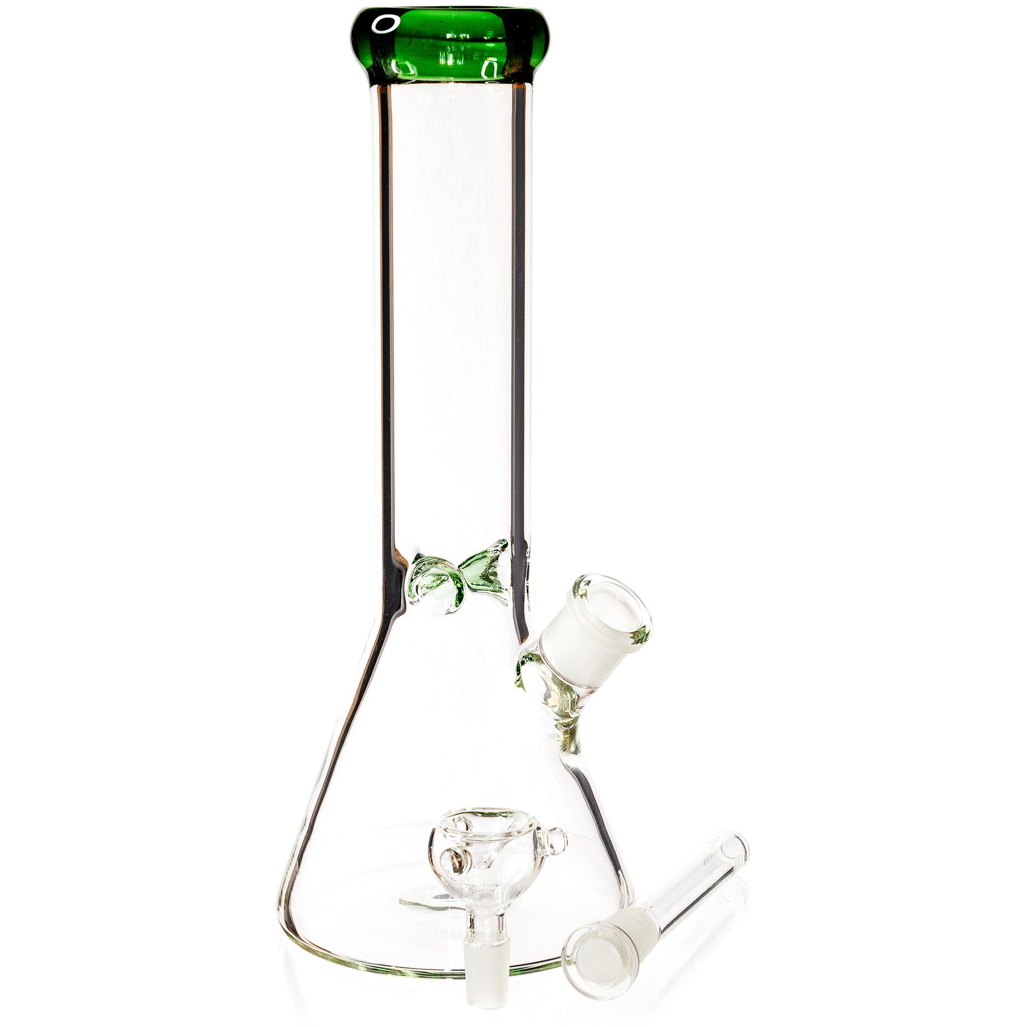 Clear borosilicate glass water pipe by Diamond Glass featuring a polished green lip accent.