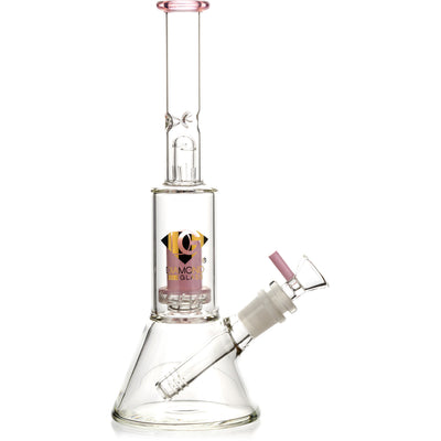 Diamond Glass 10 inch skinny neck beaker water pipe with pink color accents showing the internal showerhead percolator and splashguard.