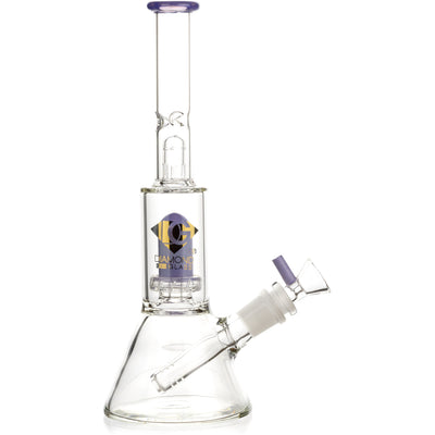 Diamond Glass 10 inch skinny neck beaker water pipe with purple color accents showing the internal showerhead percolator and splashguard.