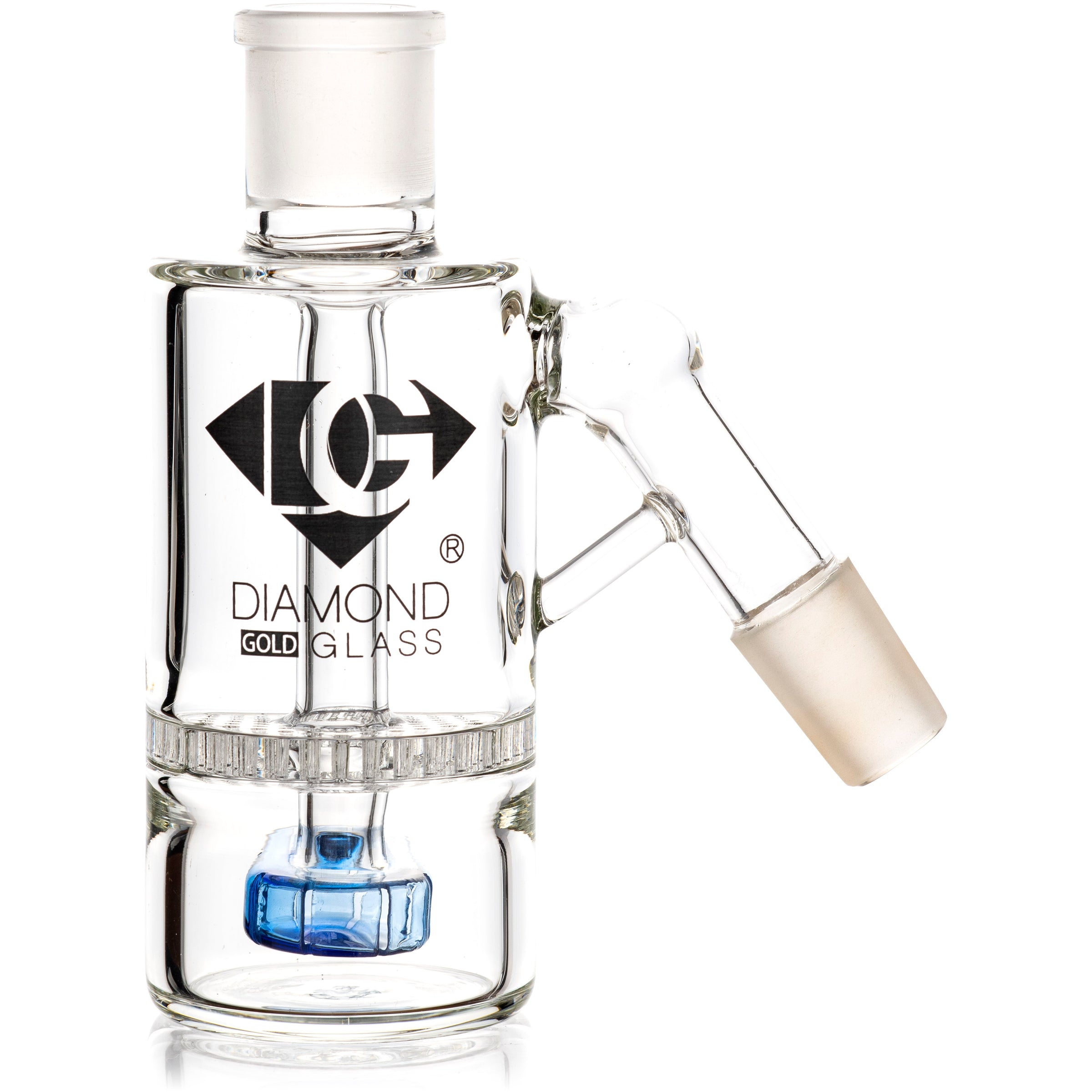 Ash Catcher w/ 18mm Joint, 45˚ Angle, Honeycomb to Showerhead, by Diamond Glass