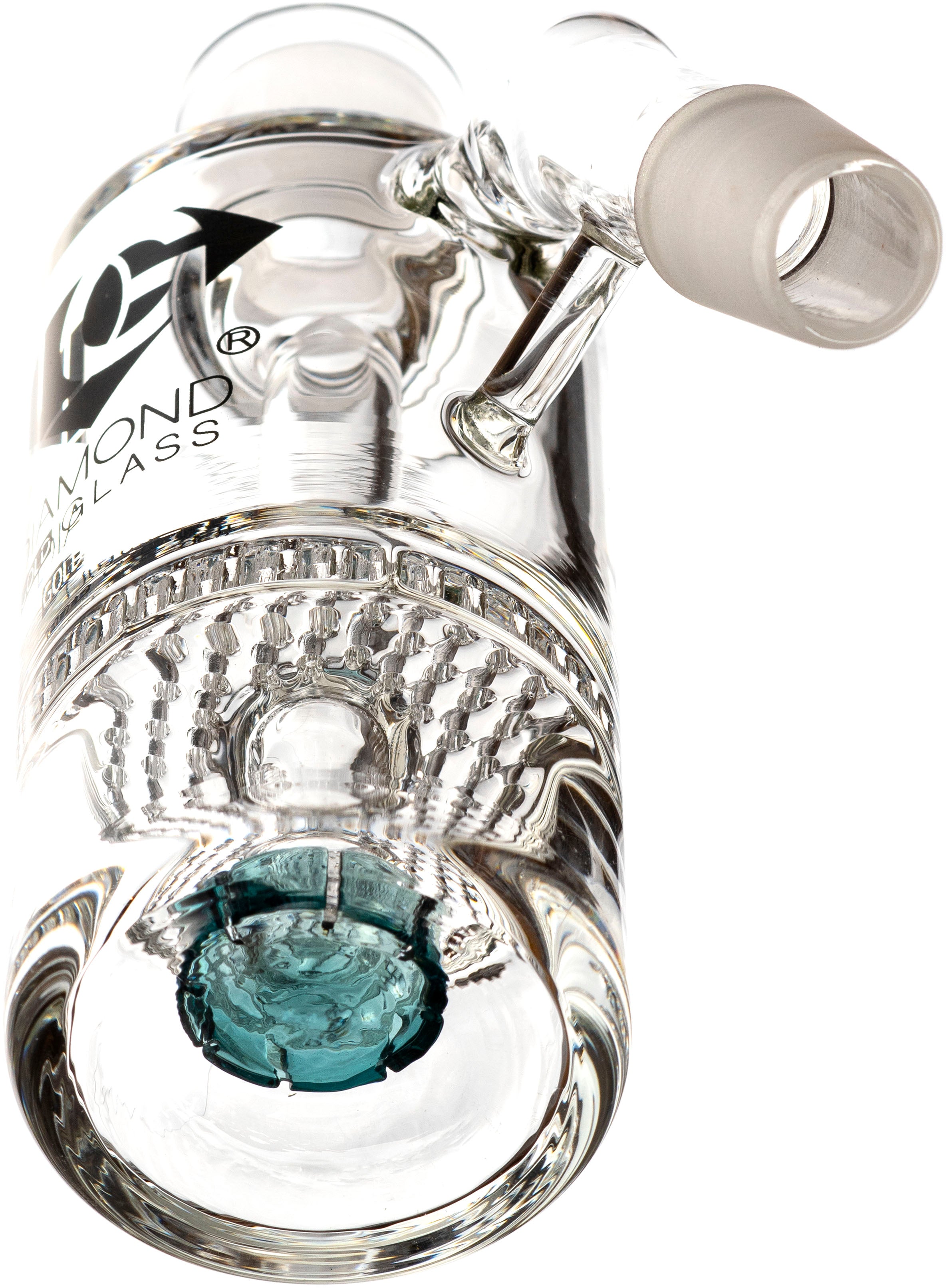 Ash Catcher w/ 18mm Joint, 45˚ Angle, Honeycomb to Showerhead, by Diamond Glass
