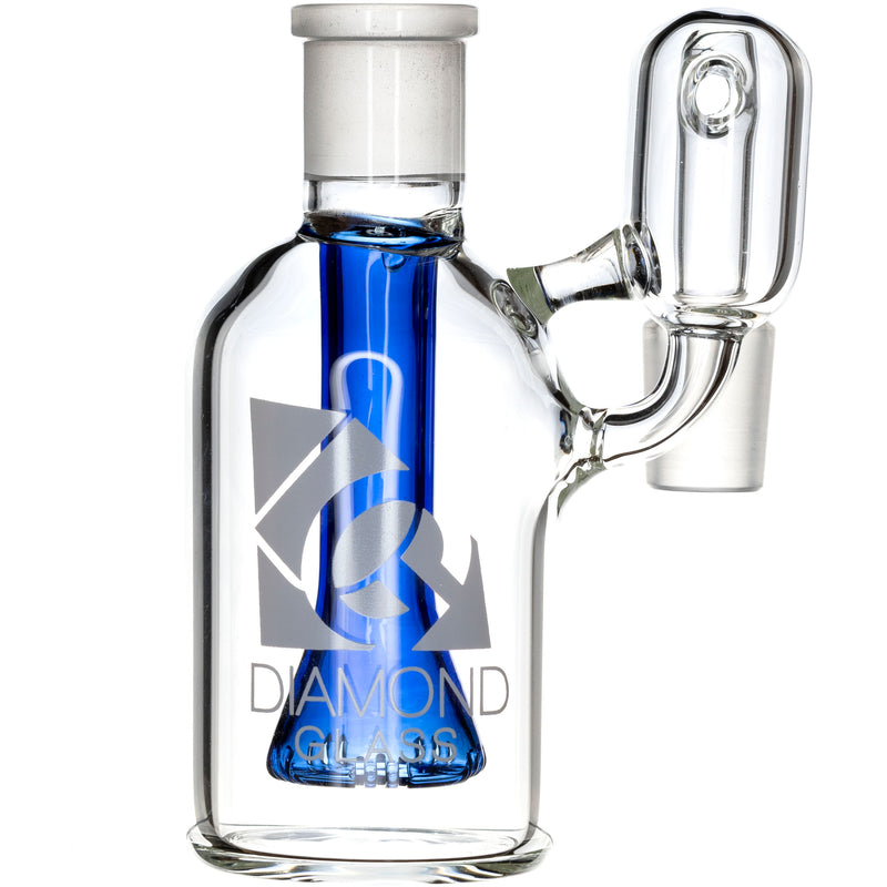 Ash Catcher w/ 18mm Joint, 90˚ Angle, Blue Showerhead, by Diamond Glass - Bat Kountry