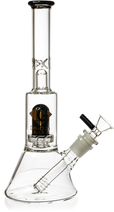 Clear borosilicate glass 10 inch water pipe with black accents featuring a dual stage downstem and UFO style showerhead filter.