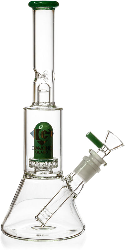 Clear borosilicate glass 10 inch water pipe with green accents featuring a dual stage downstem and UFO style showerhead filter.