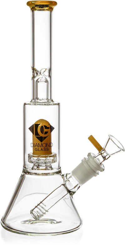 Diamond Glass 10 inch skinny neck beaker water pipe with topazine color accents showing the internal showerhead percolator and splashguard.