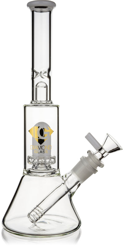 Clear borosilicate glass 10 inch water pipe with white accents featuring a dual stage downstem and UFO style showerhead filter.