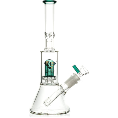 Clear borosilicate glass 10 inch water pipe with teal green accents featuring a dual stage downstem and UFO style showerhead filter.