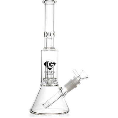 Clear borosilicate glass 10 inch water pipe with clear accents featuring a dual stage downstem and UFO style showerhead filter.