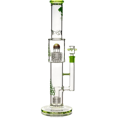 Diamond Glass 16 inch Heizman straight tube water pipe with slime green accents and dual gridded matrix percolators.