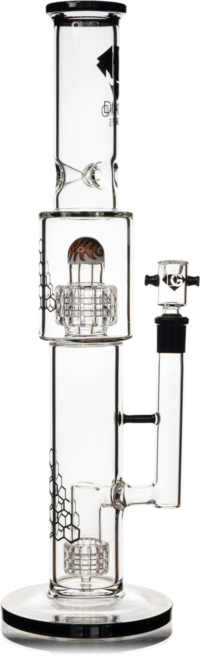 Diamond Glass 16 inch Heizman straight tube water pipe with black accents and dual gridded matrix percolators.