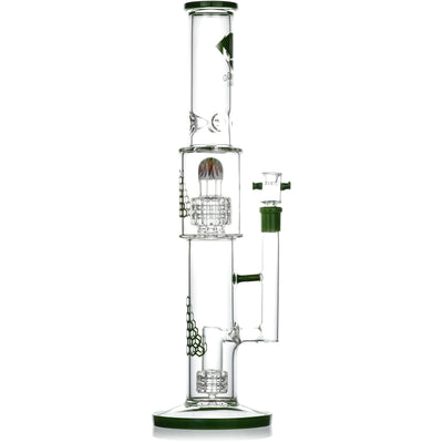 Green 16 inch Diamond Glass Heizman straight tube water pipe with honeycomb decals and triple ice pinch