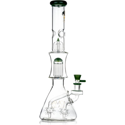 18 inch Diamond Sea Mine beaker bong in green showing double sea mine percs and dual tree percolators.