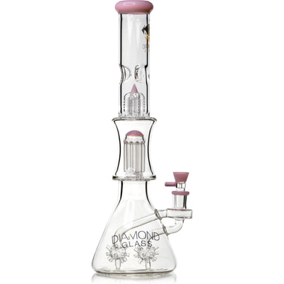 Pink accented 18 inch Diamond Glass sea mine beaker bong with double multi-arm tree percolators.