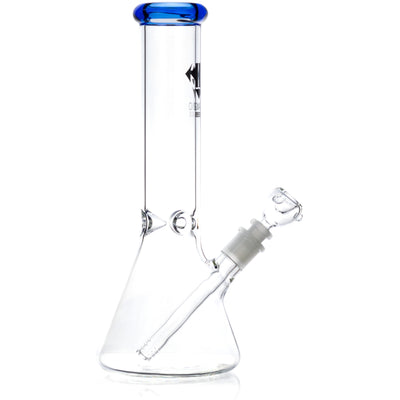 Clear borosilicate glass water pipe by Diamond Glass featuring a polished blue lip accent.