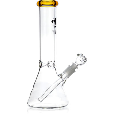 Clear borosilicate glass water pipe by Diamond Glass featuring a polished gold lip accent.