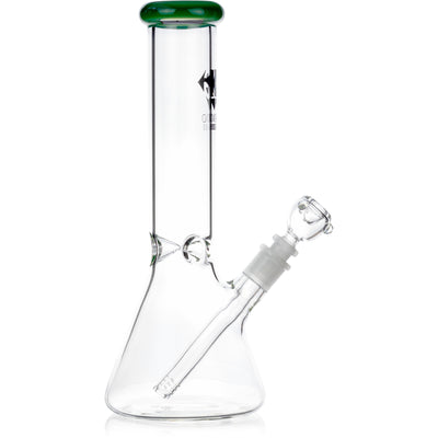 Clear borosilicate glass tobacco water pipe by Diamond Glass featuring a polished green lip accent.