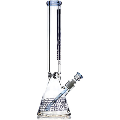 18 inch heavy 9mm beaker bong featuring bright blue honeycomb base wrap and matching downstem.