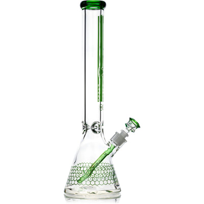 Green accented 18 inch 9mm thick borosilicate glass beaker water pipe with ice catcher.